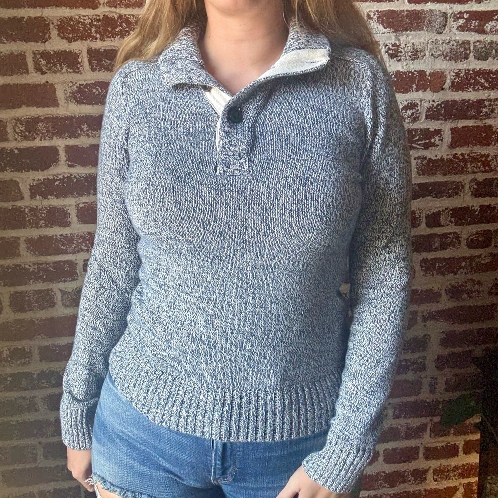 H&M L.O.G.G. Heather Blue Quarter Button Down Sweater